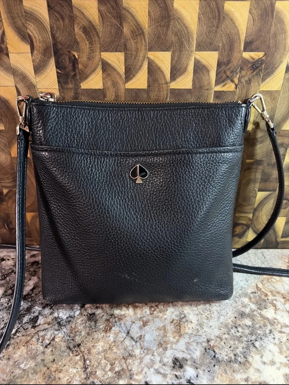 kate spade Black Pebbled Leather Slim Crossbody with Spade Logo